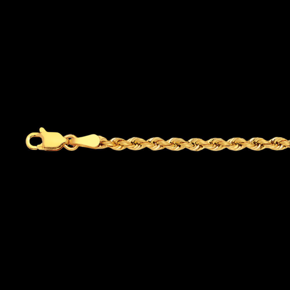 10K 2.5MM YELLOW GOLD DC HOLLOW ROPE 7.5" CHAIN BRACELET (AVAILABLE IN LENGTHS 7" - 30")