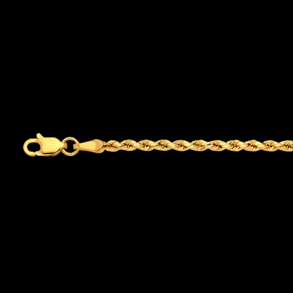 10K 2MM YELLOW GOLD DC HOLLOW ROPE 9" CHAIN BRACELET (AVAILABLE IN LENGTHS 7" - 30")