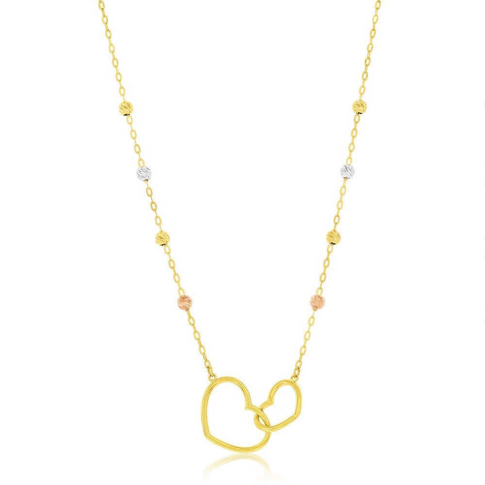 14K Yellow Gold, Double Heart & Tri-Color D-C Bead Necklace