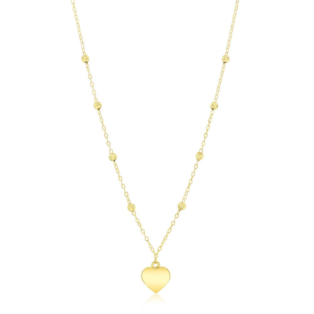 14K Yellow Gold, Polished Heart & D-C Bead Necklace