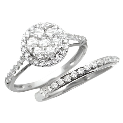 14KW 1.10CTW DIAMOND ROUND CLUSTER BRIDAL SET WITH