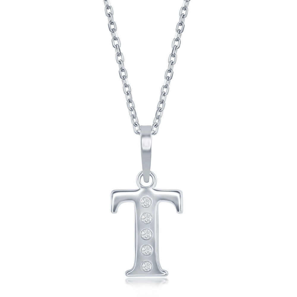 Sterling Silver, 0.03cttw Diamond 'T' Initial Pendant w/Chain