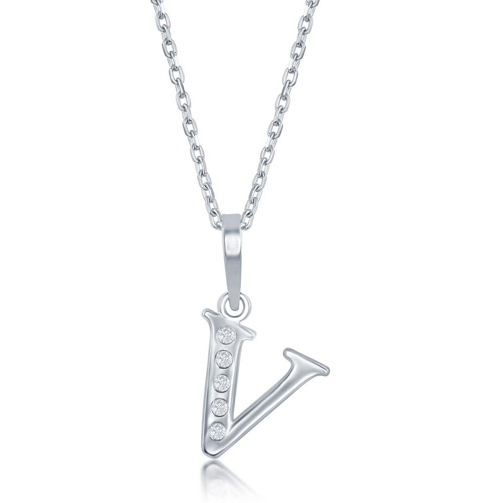 Sterling Silver 0.03cttw Diamond 'V' Initial Pendant w/Chain
