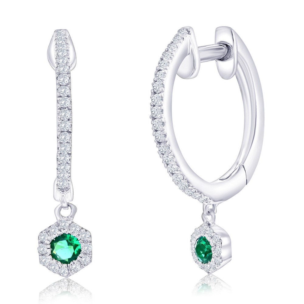 Sterling Silver, Lab-Grown 0.15ct Emerald Hexagon Charm, 0.16ct Natural Diamond Huggies -(64 Stones)