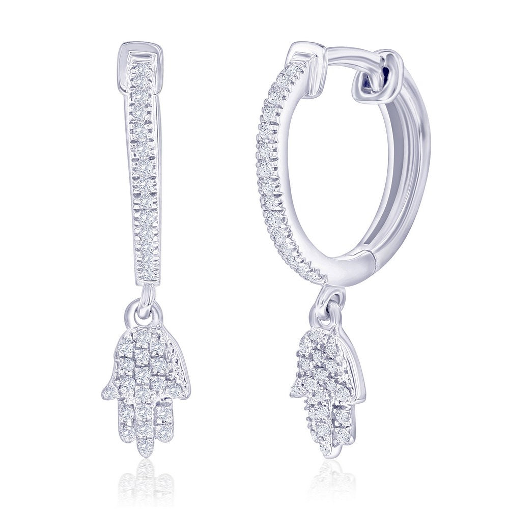 Sterling Silver, Hamsa Charm Diamond Huggies - (68 Stones)