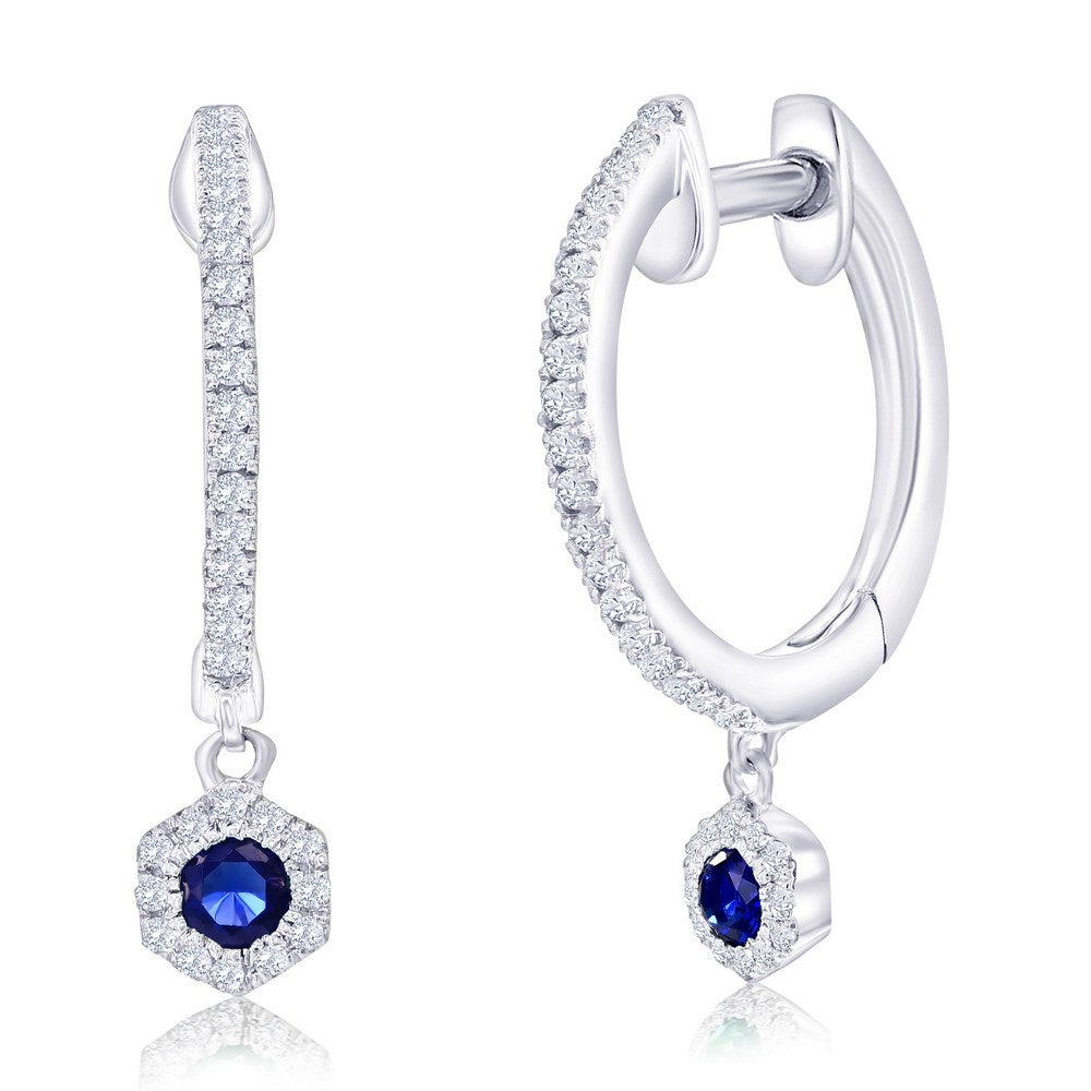 Sterling Silver, Lab-Grown Sapphire Hexagon Charm & Natural Diamond Huggies - (64 Stones)