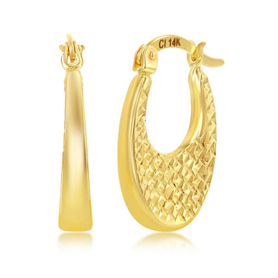 14K Yellow Gold, Oval Textured & D-C Oval Hoop Earrings