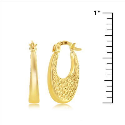 14K Yellow Gold, Oval Textured & D-C Oval Hoop Earrings