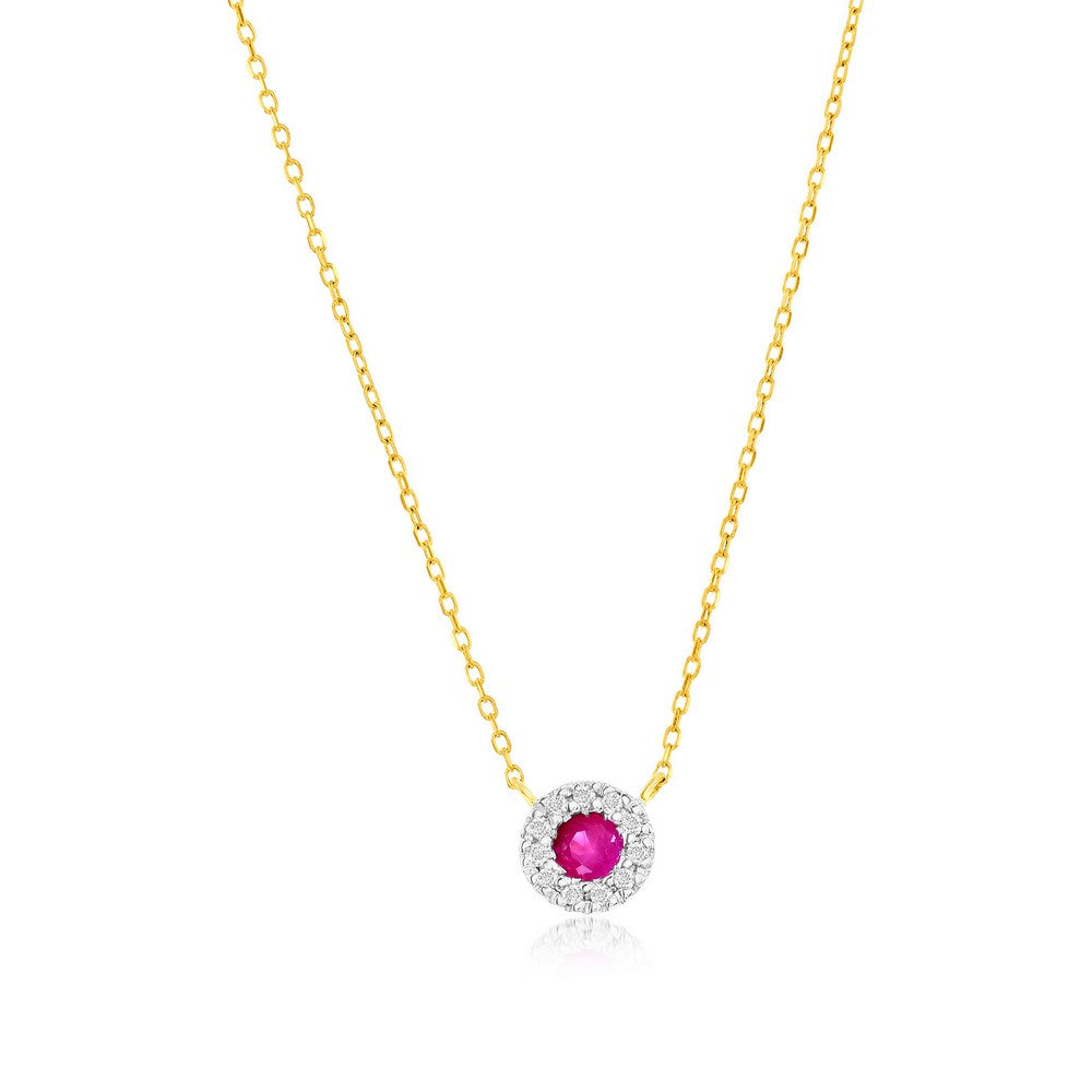 14K Yellow Gold, 3mm Round Ruby (0.16ct) & Diamond Necklace - (11 Stones)