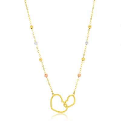 14K Yellow Gold, Double Heart & Tri-Color D-C Bead Necklace