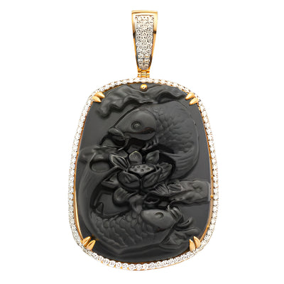 10KY 1.60CTW DIAMOND OBSIDIAN CARVED PENDANT