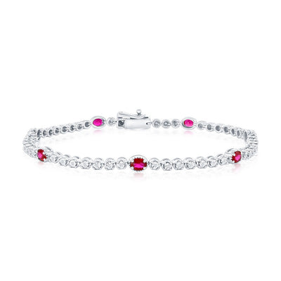 Sterling Silver, Lab-Grown 1.40ct Oval Ruby & 0.09ct Natural Diamond Bracelet - (56 Stones)