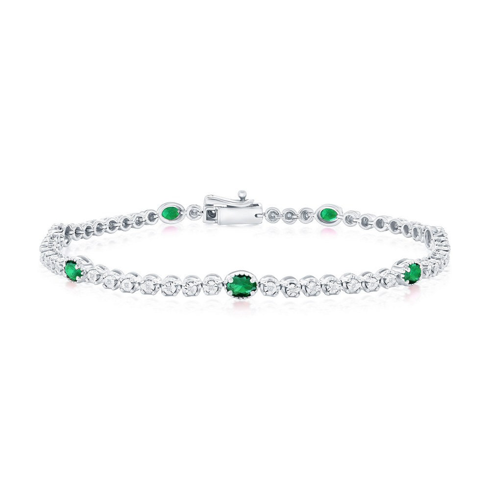 Sterling Silver, Lab-Grown 1.14ct Oval Emerald & 0.09ct Natural Diamond Bracelet - (56 Stones)