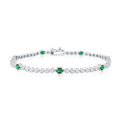 Sterling Silver, Lab-Grown 1.14ct Oval Emerald & 0.09ct Natural Diamond Bracelet - (56 Stones)