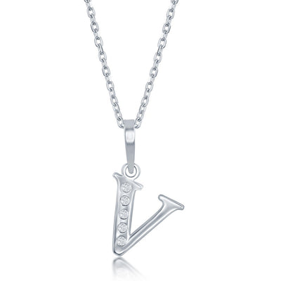 Sterling Silver 0.03cttw Diamond 'V' Initial Pendant w/Chain