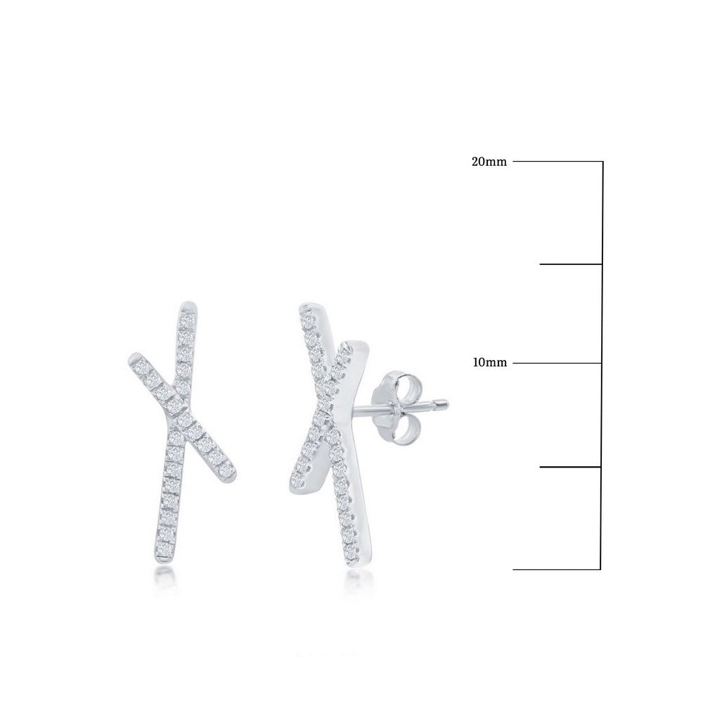 Sterling Silver, 'X' Design Diamond Studs - (44 Stones)