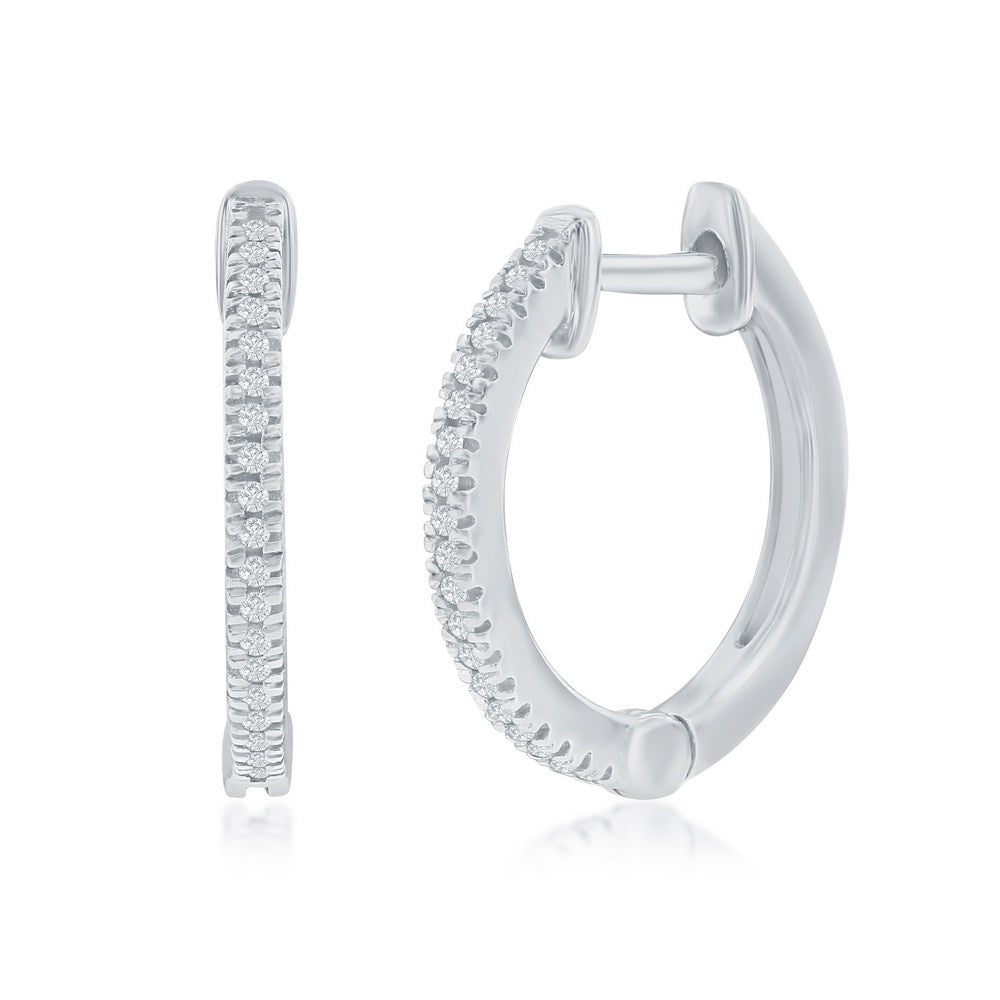 Sterling Silver,15mm Huggie Diamond Earrings - (38 Stones)