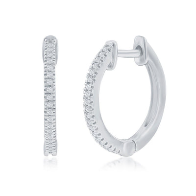 Sterling Silver,15mm Huggie Diamond Earrings - (38 Stones)