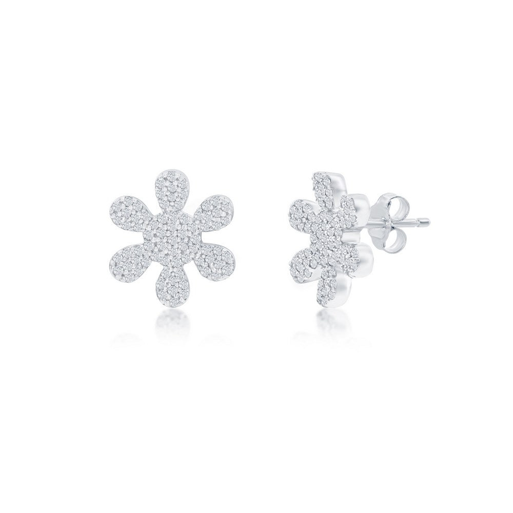Sterling Silver, Flower Diamond Stud Earrings - (74 Stones)