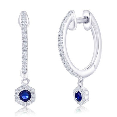 Sterling Silver, Lab-Grown Sapphire Hexagon Charm & Natural Diamond Huggies - (64 Stones)