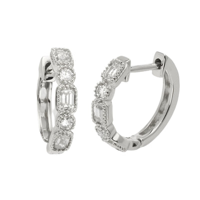 14KW 0.75CTW EMERALD AND ROUND DIAMOND HOOP