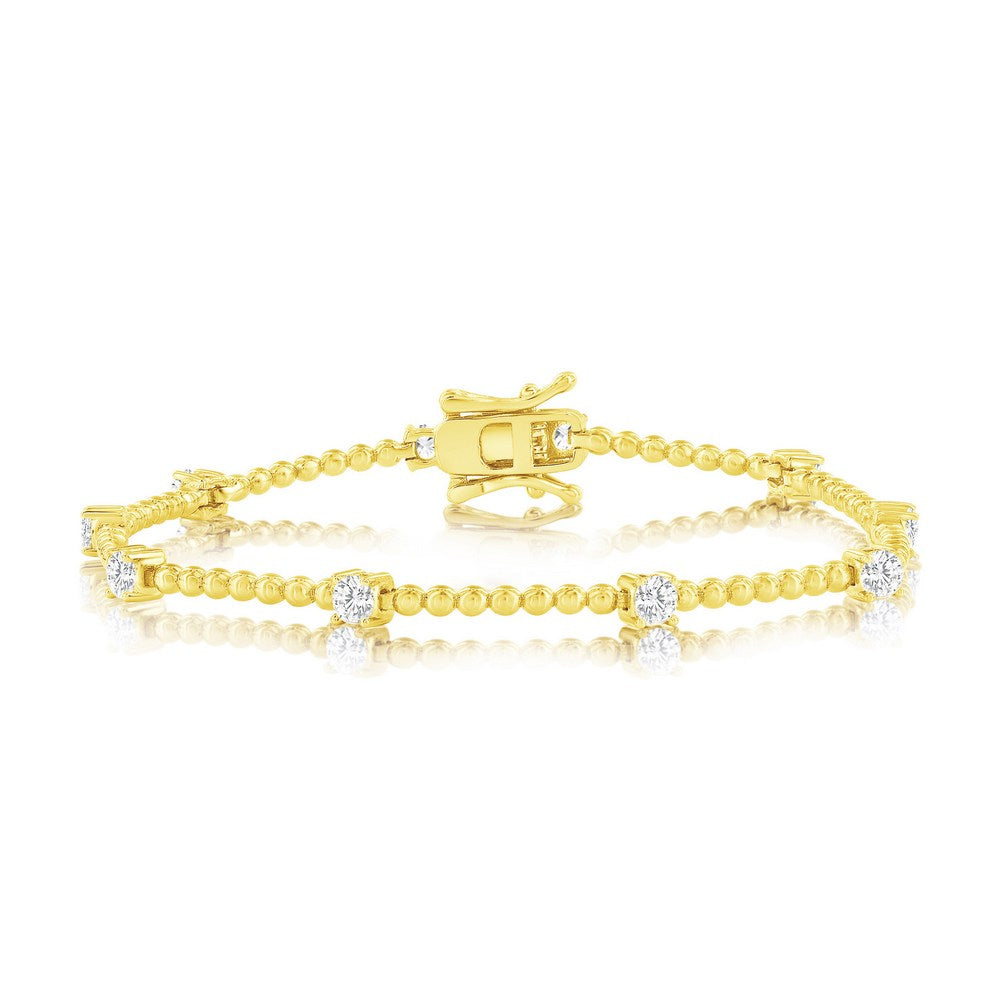 Sterling Silver, Round CZ & Beaded Bracelet - Gold Plated